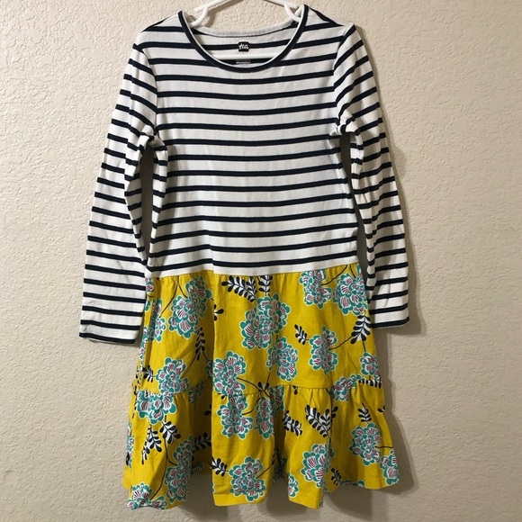Tea Collection Girls Navy Striped and Yellow Floral Tiered Cotton Dress - Size 8 - Picture 2 of 8